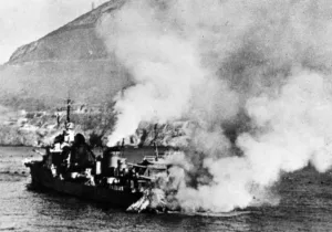 French destroyer leader Mogador burning after shellfire at Mers-El-Kebir on 3 July 1940.