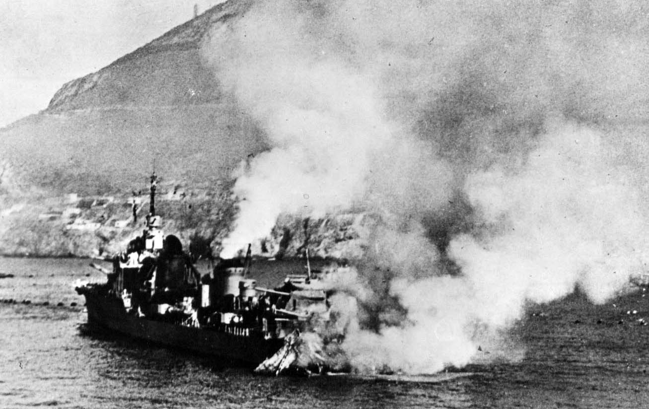 French destroyer leader Mogador burning after shellfire at Mers-El-Kebir on 3 July 1940.