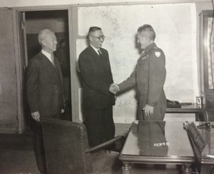 Syngman Rhee and Kim Ku meeting Lieutenant General John Hodge, U.S. commanding general in Korea in 1945-48, in November 1945