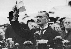 Neville Chamberlain declaring peace in his time: September 30, 1938